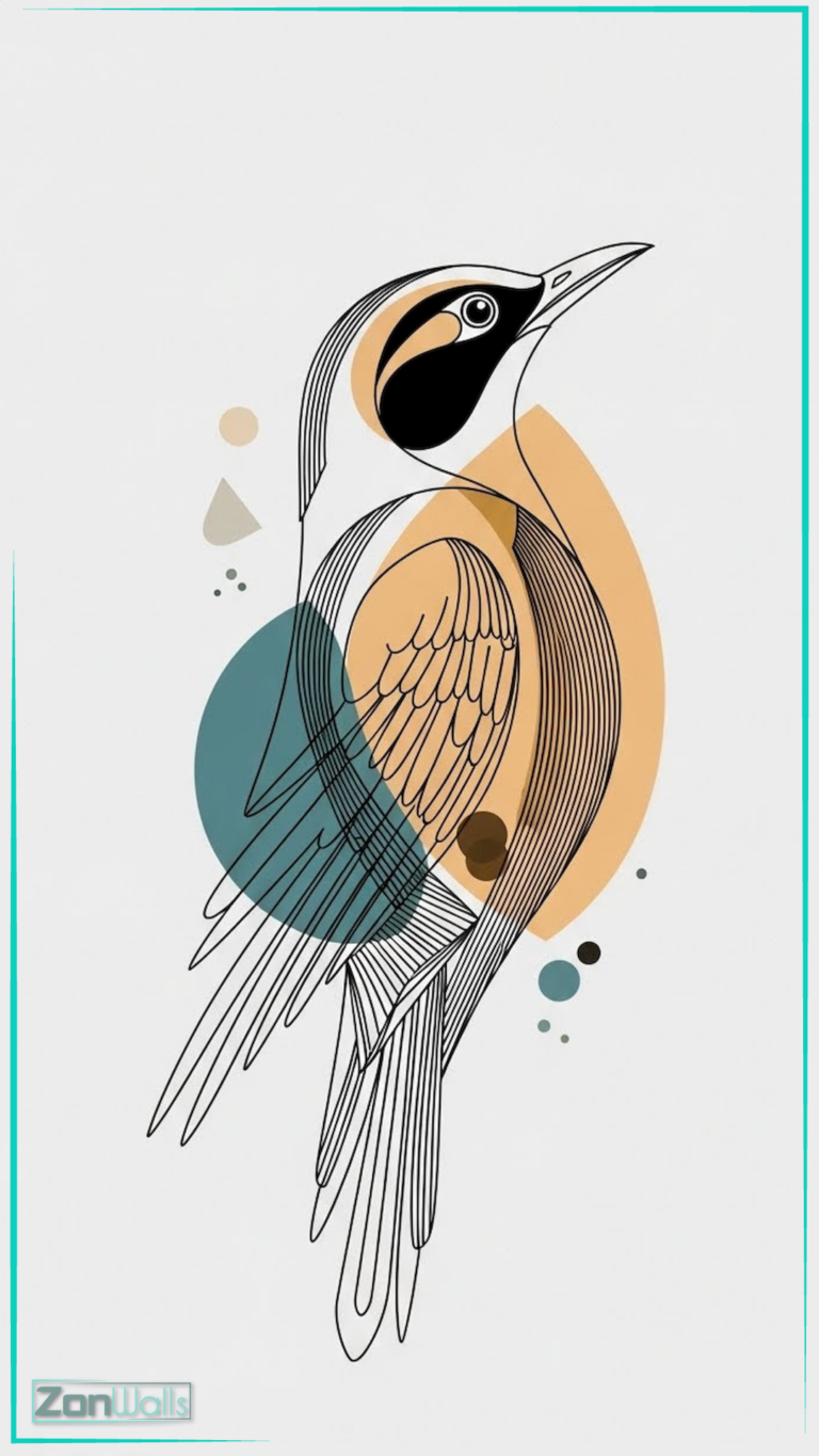 Vertical wallpaper featuring a stylized black line art illustration of a perching bird, accented with abstract geometric circles and shapes in muted teal and mustard yellow on a clean off-white background.