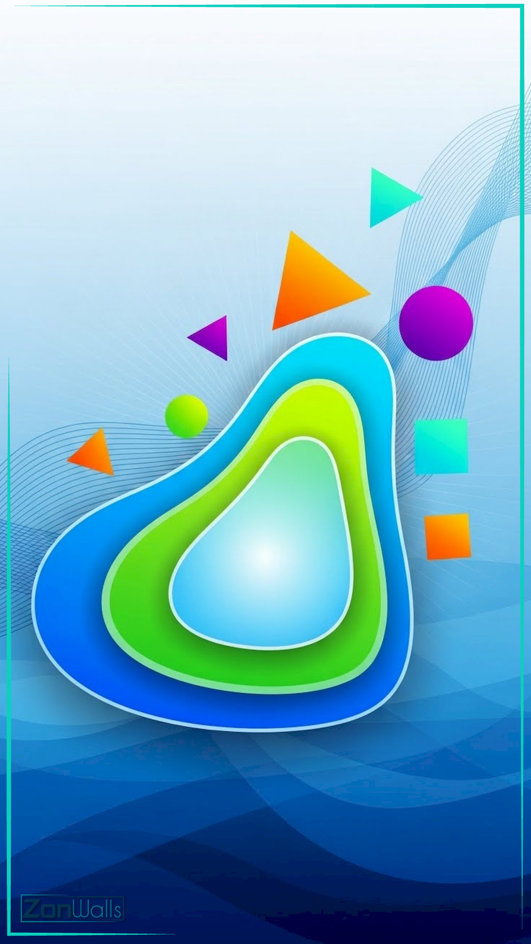 Vertical abstract wallpaper featuring a central blue and green layered organic shape resembling paper cut-out art, surrounded by floating colorful geometric triangles, circles, and squares on a wavy blue background.