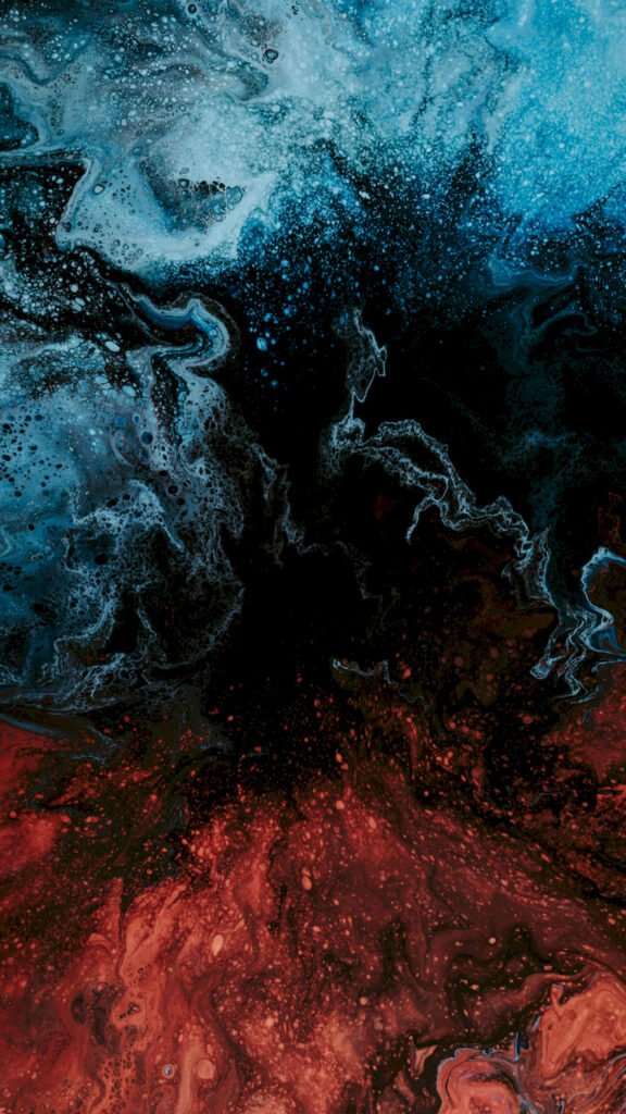 Abstract fluid art wallpaper featuring swirling blue and teal colors at the top and red and orange colors at the bottom, separated by deep black negative space.