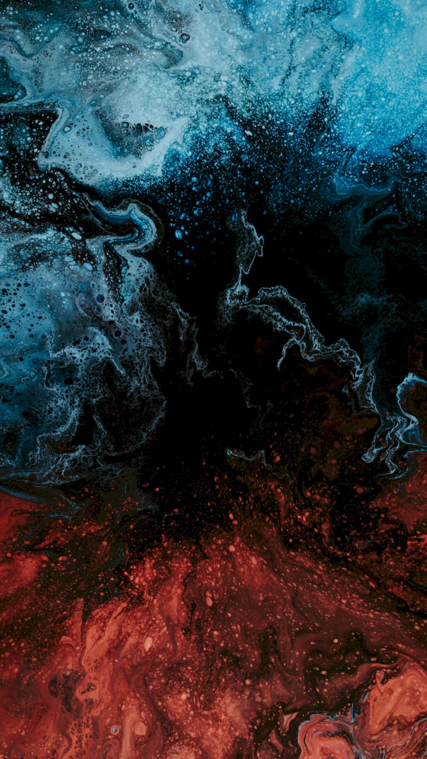 Abstract fluid art wallpaper featuring swirling blue and teal colors at the top and red and orange colors at the bottom, separated by deep black negative space.