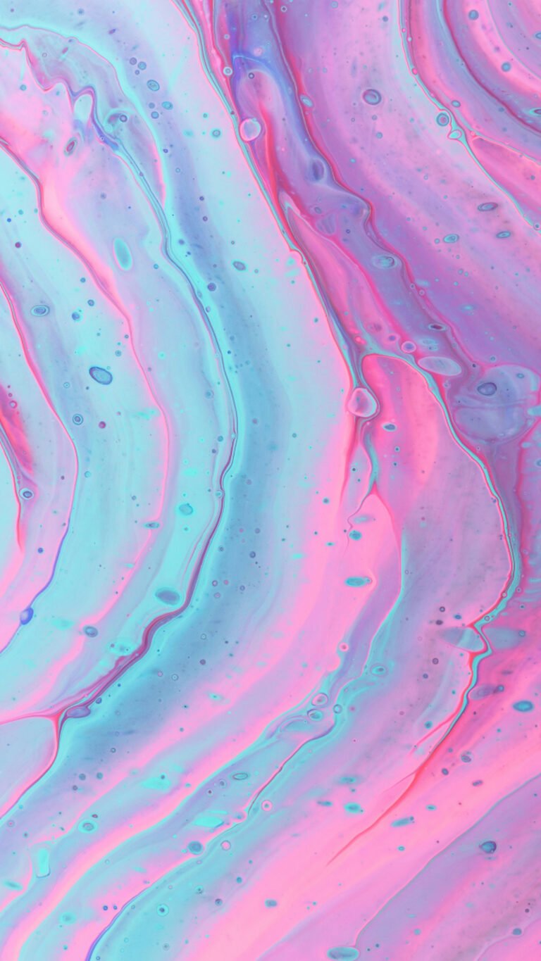 Abstract fluid art wallpaper featuring smooth, swirling waves of pastel pink, magenta, and cyan blue paint creating a marble-like pattern.