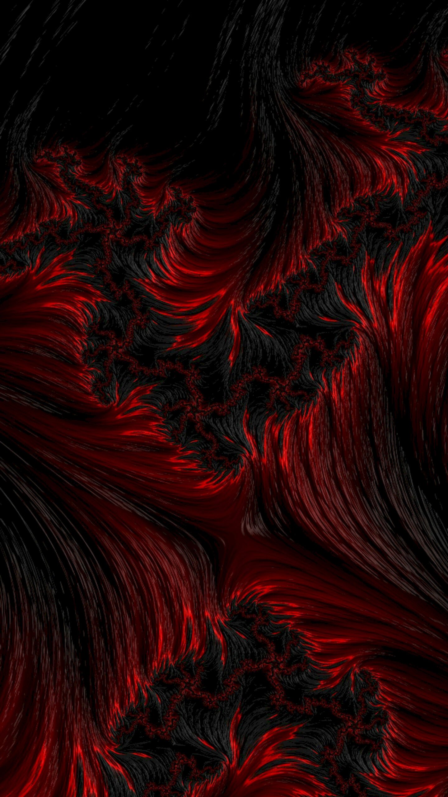 Abstract fractal art featuring detailed swirling patterns of bright red lines and energy currents against a deep black background.