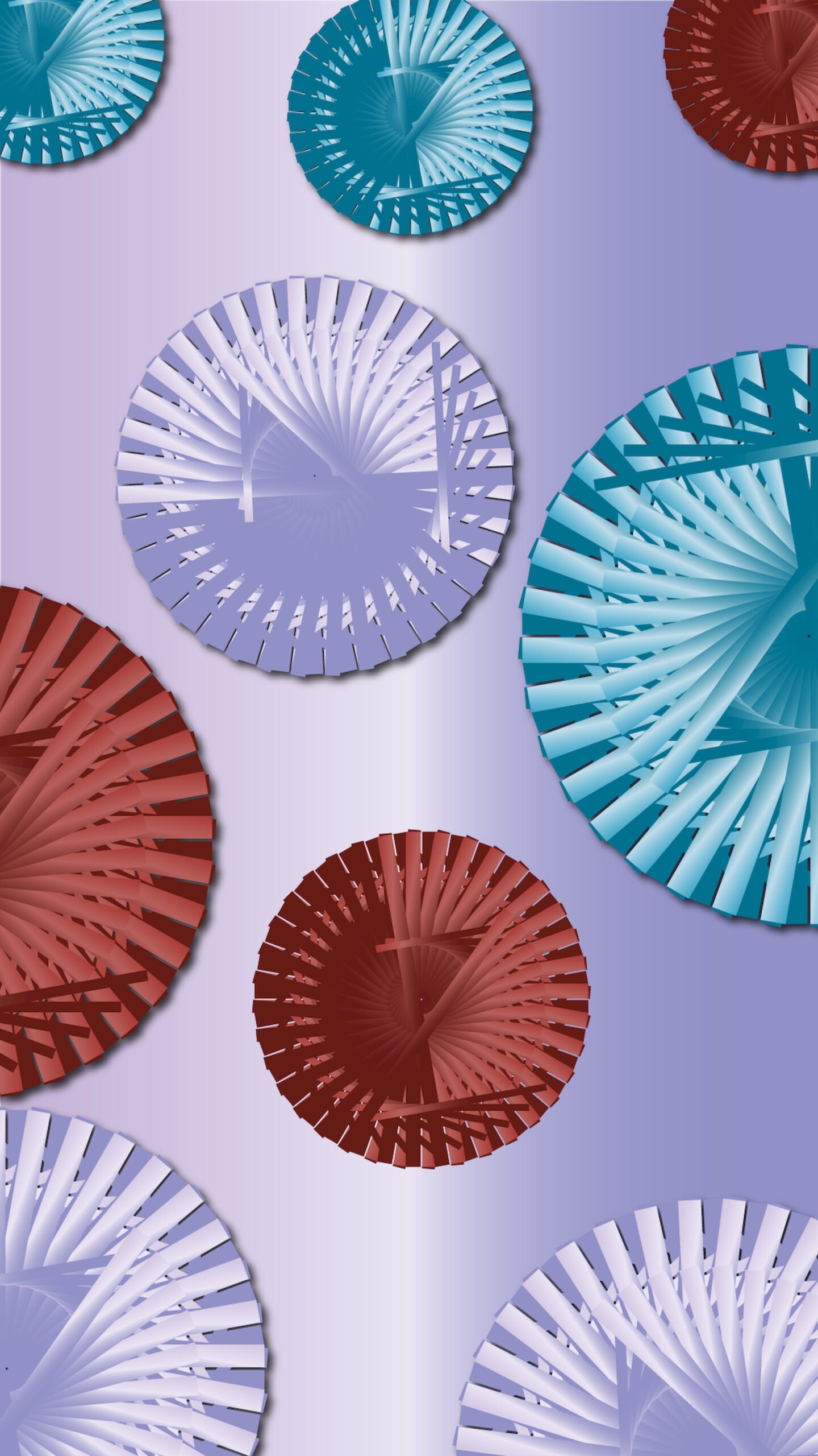 A 4K abstract phone wallpaper featuring layered spiral spheres in blue, red, and lavender tones placed over a smooth purple gradient background, creating a modern geometric and visually dynamic design.