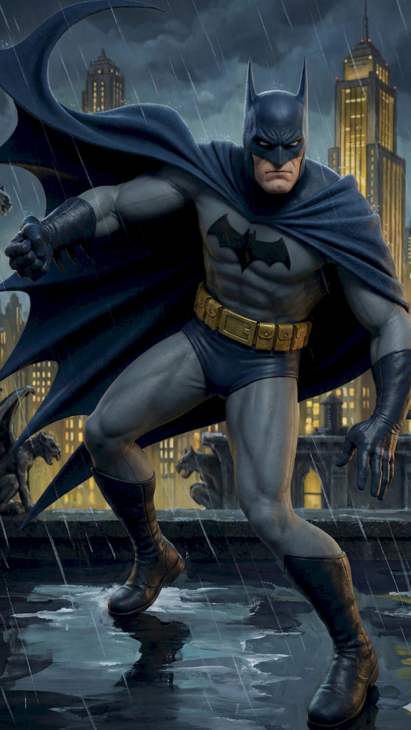 Batman standing in a fighting stance on a wet rooftop during a rainstorm with Gotham City skyscrapers in the background.