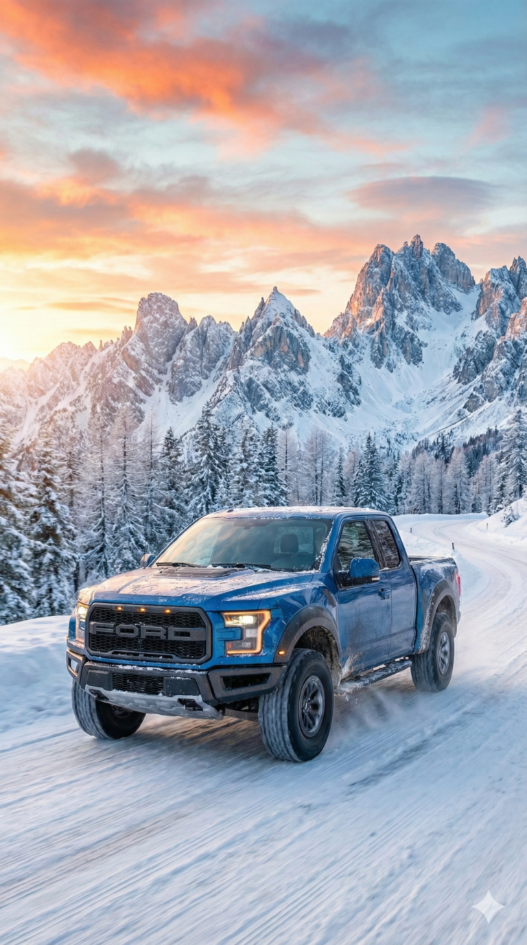 "Blue Ford Raptor truck driving on a snowy mountain road during sunset mobile wallpaper."