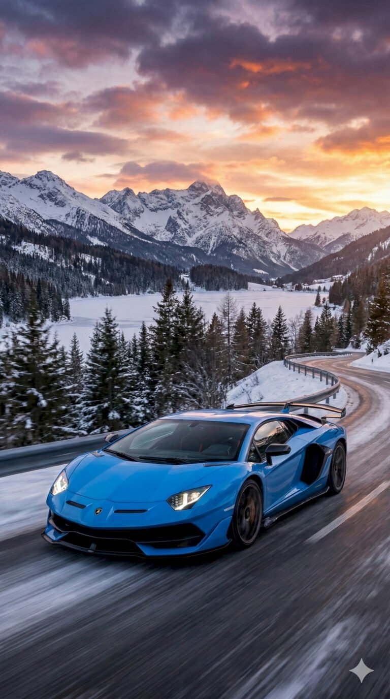 "Blue Lamborghini Aventador driving on a snowy mountain road with pine trees at sunset mobile wallpaper."