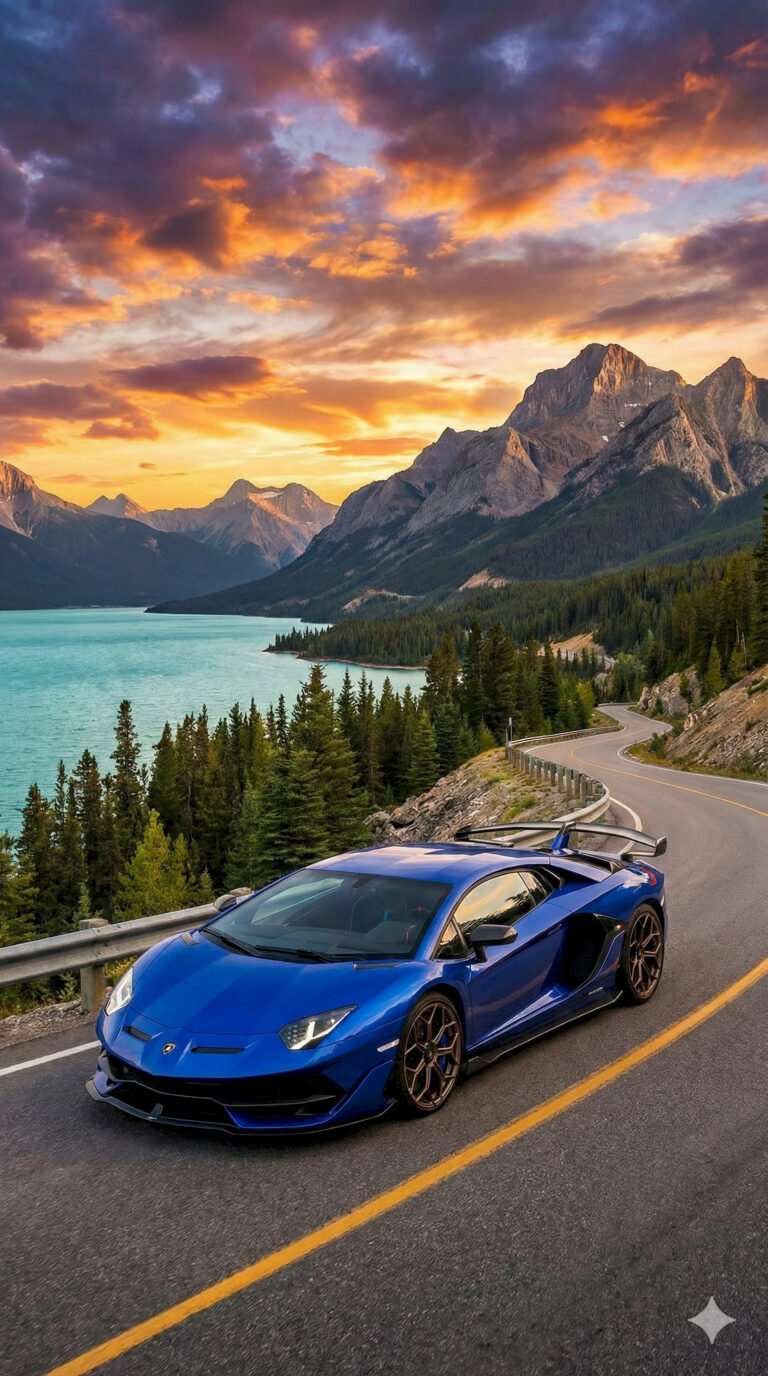 "Blue McLaren 720S convertible driving on a tropical beach road with palm trees and turquoise water mobile wallpaper."