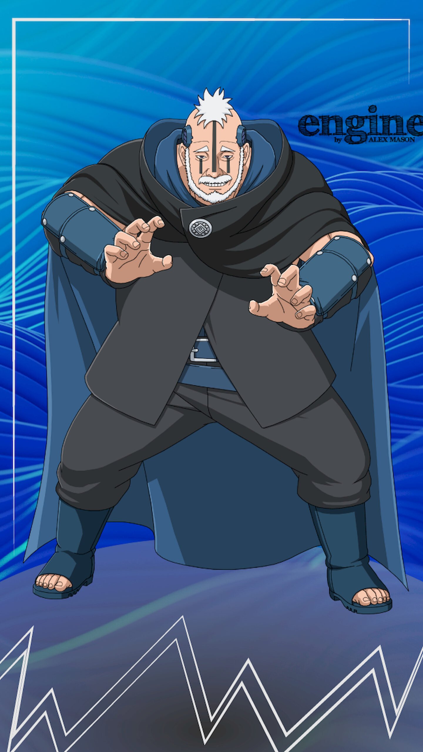 "Anime character Boro from Boruto standing in a fighting pose, featuring a white beard, facial tattoos, and a black cloak against a blue abstract background."