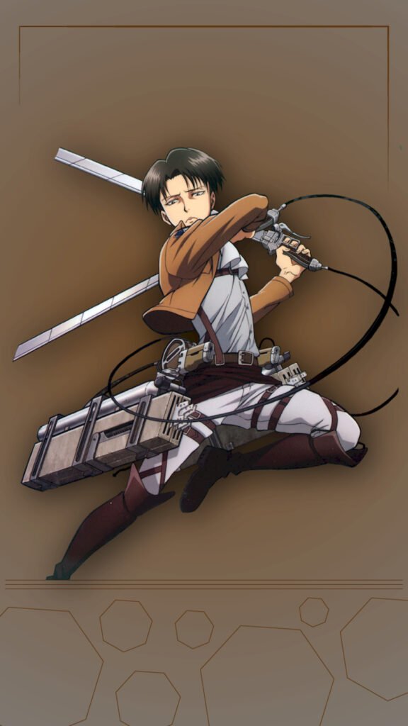"Anime character Levi Ackerman from Attack on Titan jumping in a dynamic fighting pose holding dual swords, wearing the Survey Corps uniform and ODM gear against a brown background."