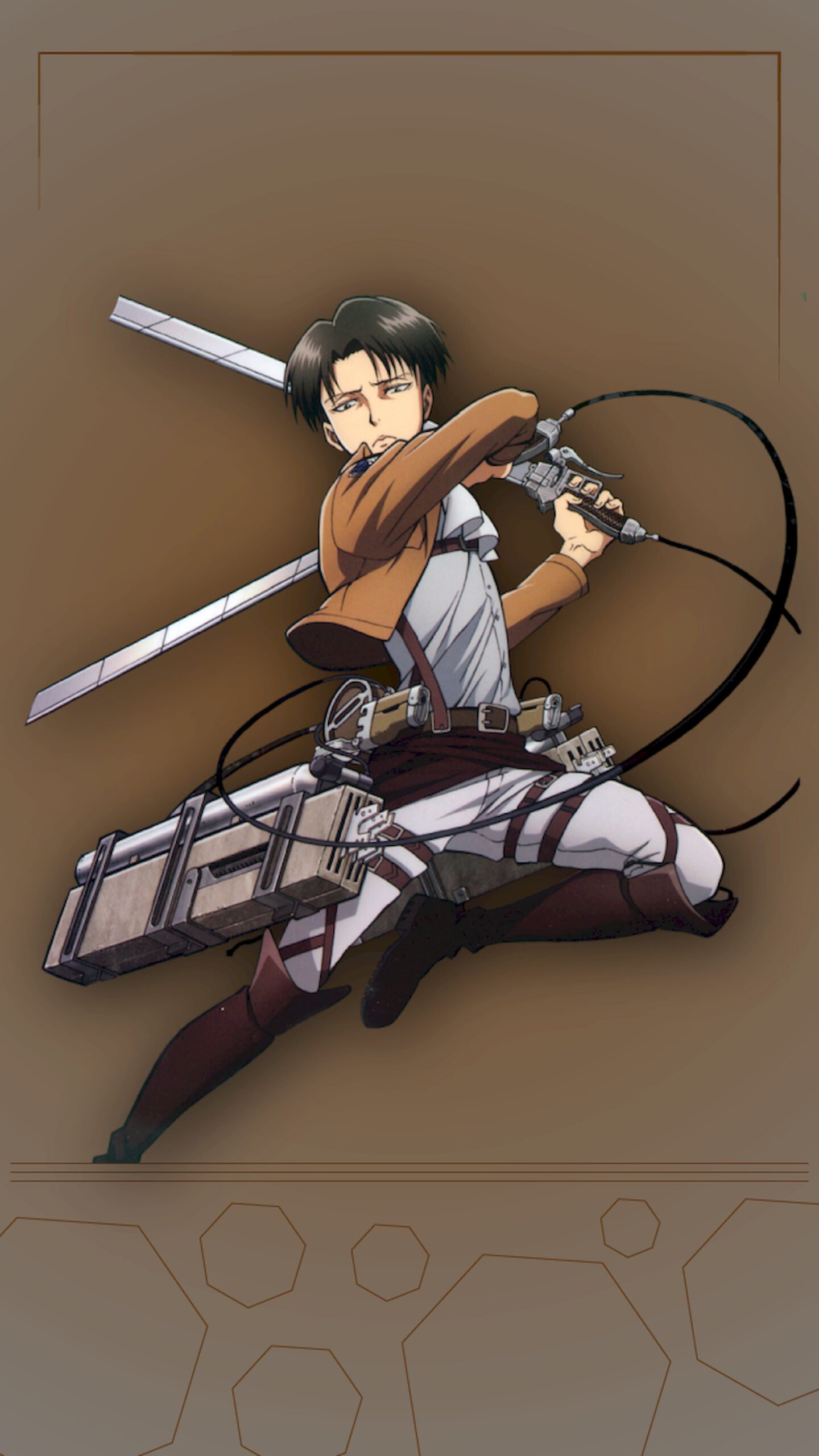 "Anime character Levi Ackerman from Attack on Titan jumping in a dynamic fighting pose holding dual swords, wearing the Survey Corps uniform and ODM gear against a brown background."