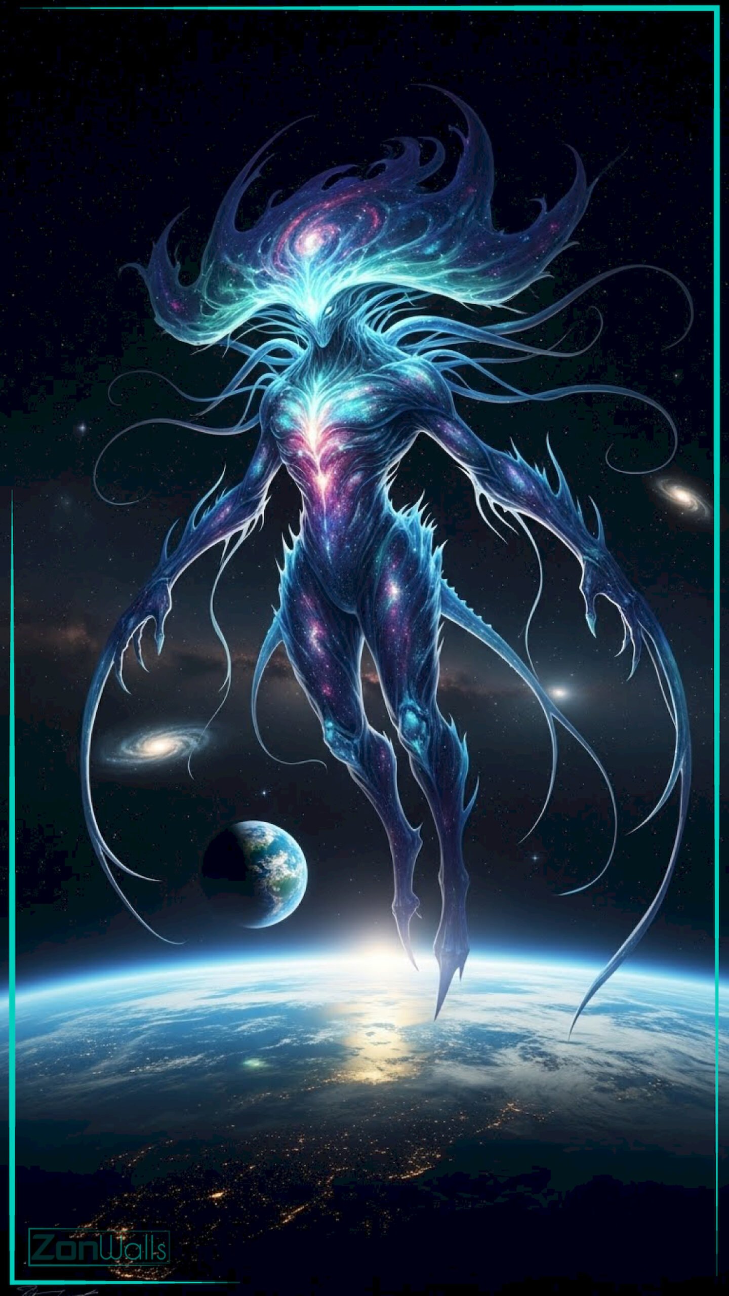 A vertical celestial galaxy guardian wallpaper featuring a massive glowing blue entity with a spiral galaxy head floating above planet Earth in deep space.