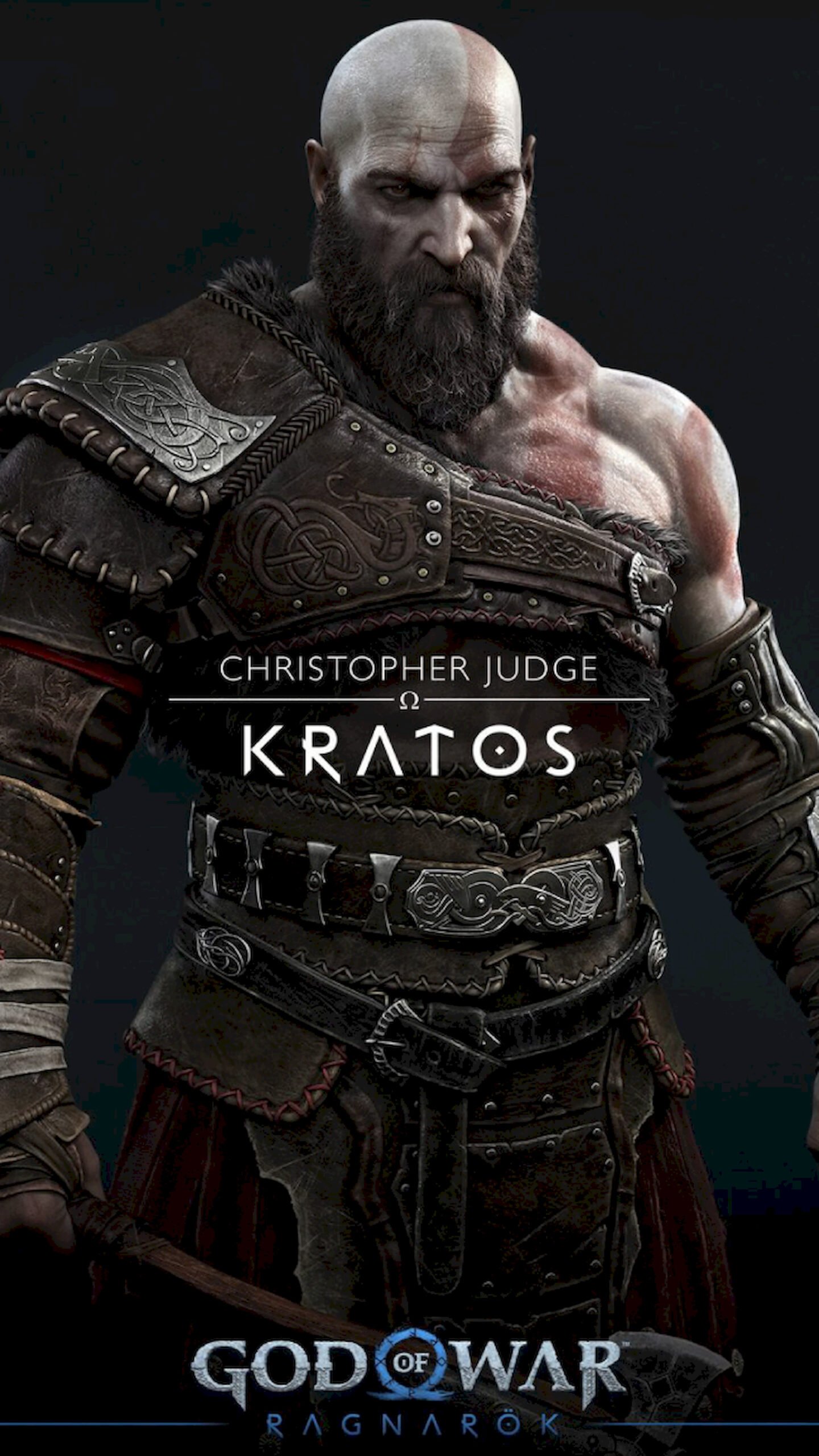Portrait of Kratos from God of War Ragnarök with text overlay reading "Christopher Judge - Kratos" and the game logo at the bottom.