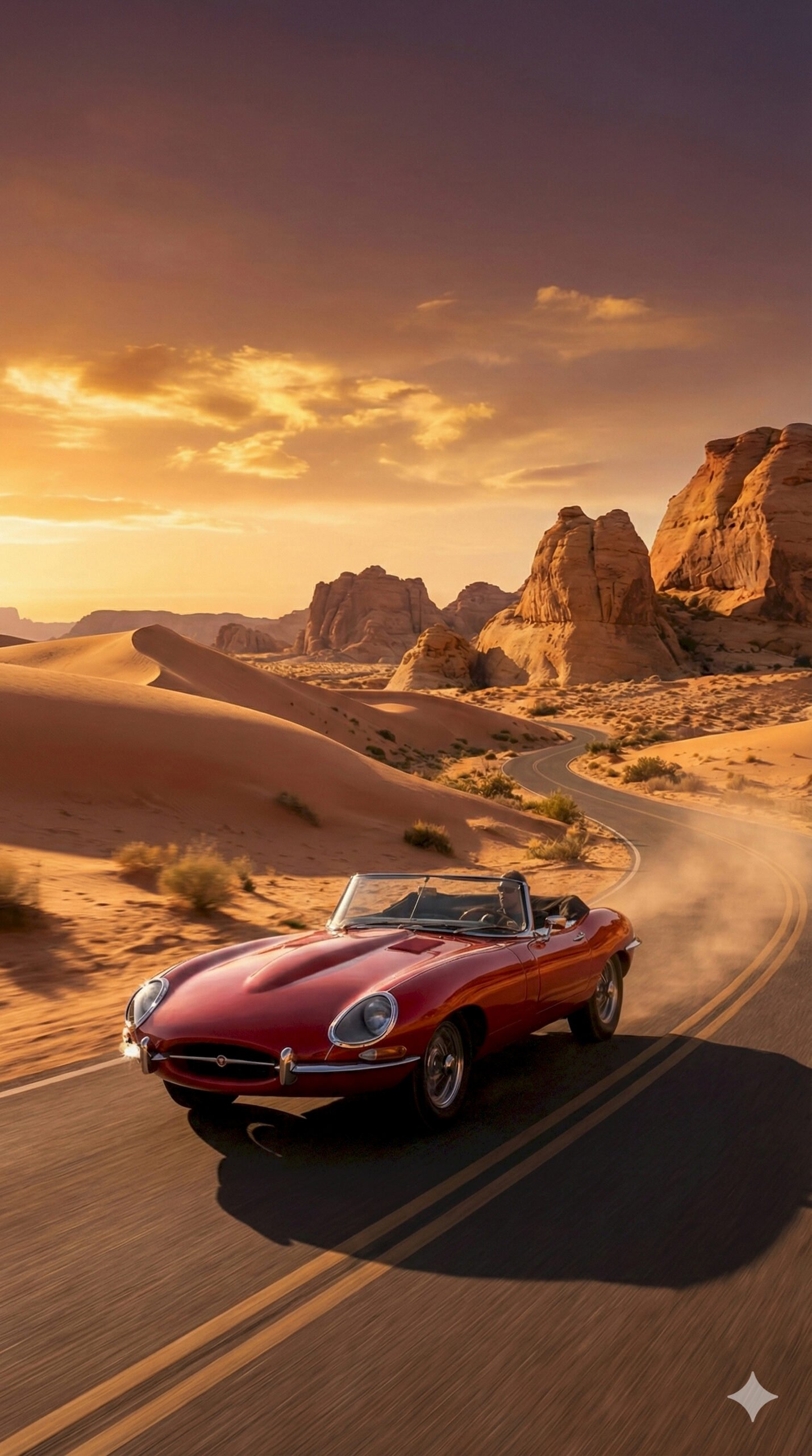 "Classic red Jaguar E-Type convertible driving on a desert canyon road at sunset mobile wallpaper."
