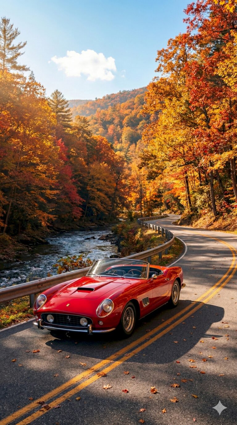 Classic red Ferrari convertible driving on a winding road next to a river with autumn trees.