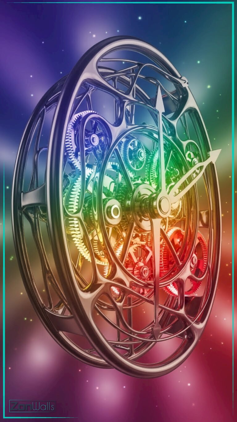 A vertical colorful 3D skeleton clock wallpaper featuring a metallic watch mechanism with exposed gears floating against a vibrant purple, green, and red gradient background.
