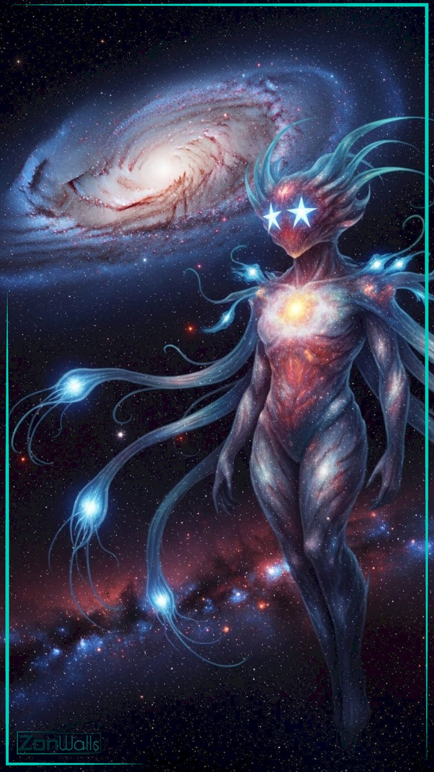A vertical cosmic star spirit wallpaper featuring a humanoid entity made of nebula clouds with glowing star eyes and flowing tentacles floating against a spiral galaxy background.