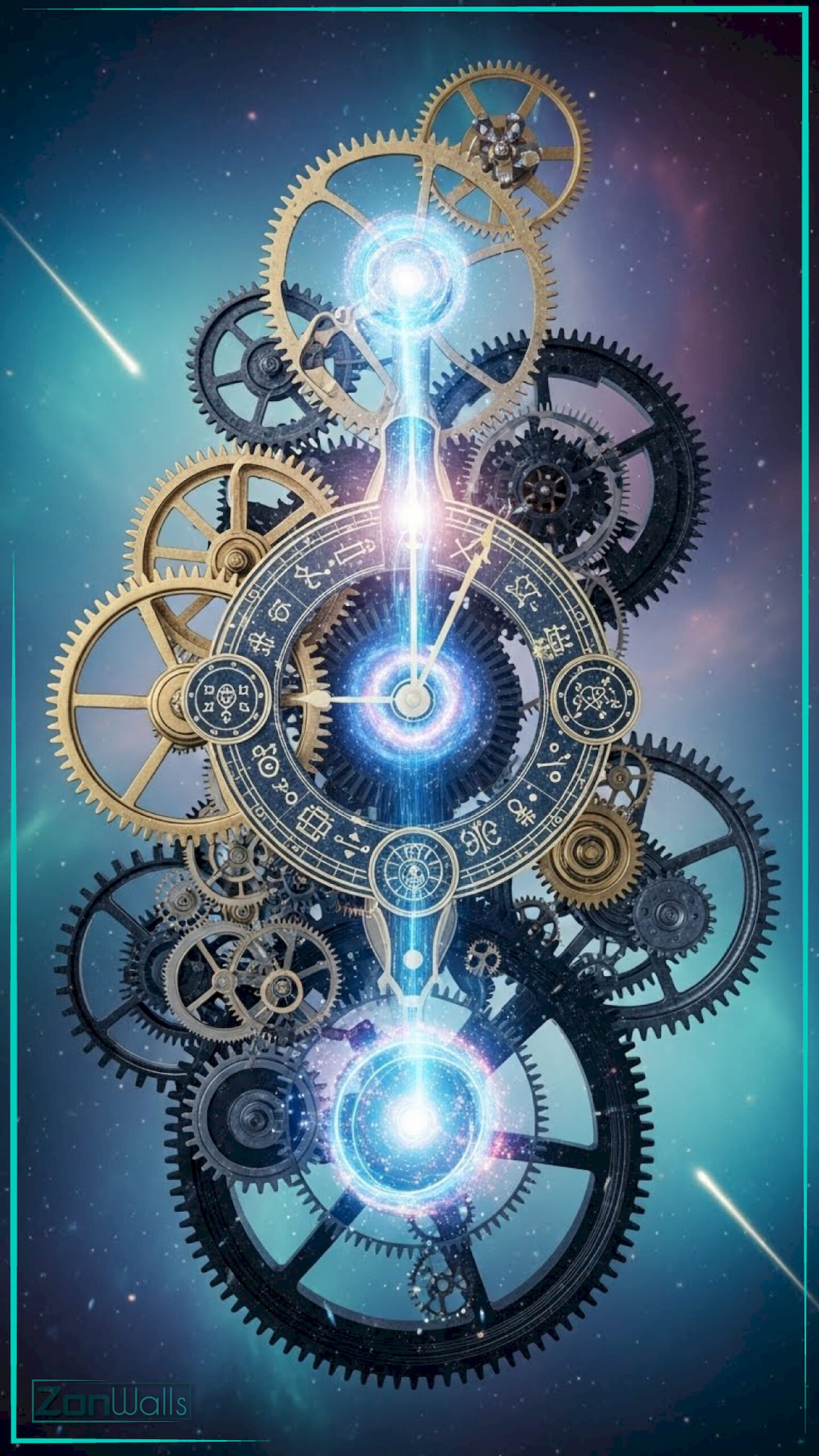 A vertical cosmic steampunk clockwork wallpaper featuring intricate golden and black gears illuminated by a glowing blue magical beam against a starry space background.
