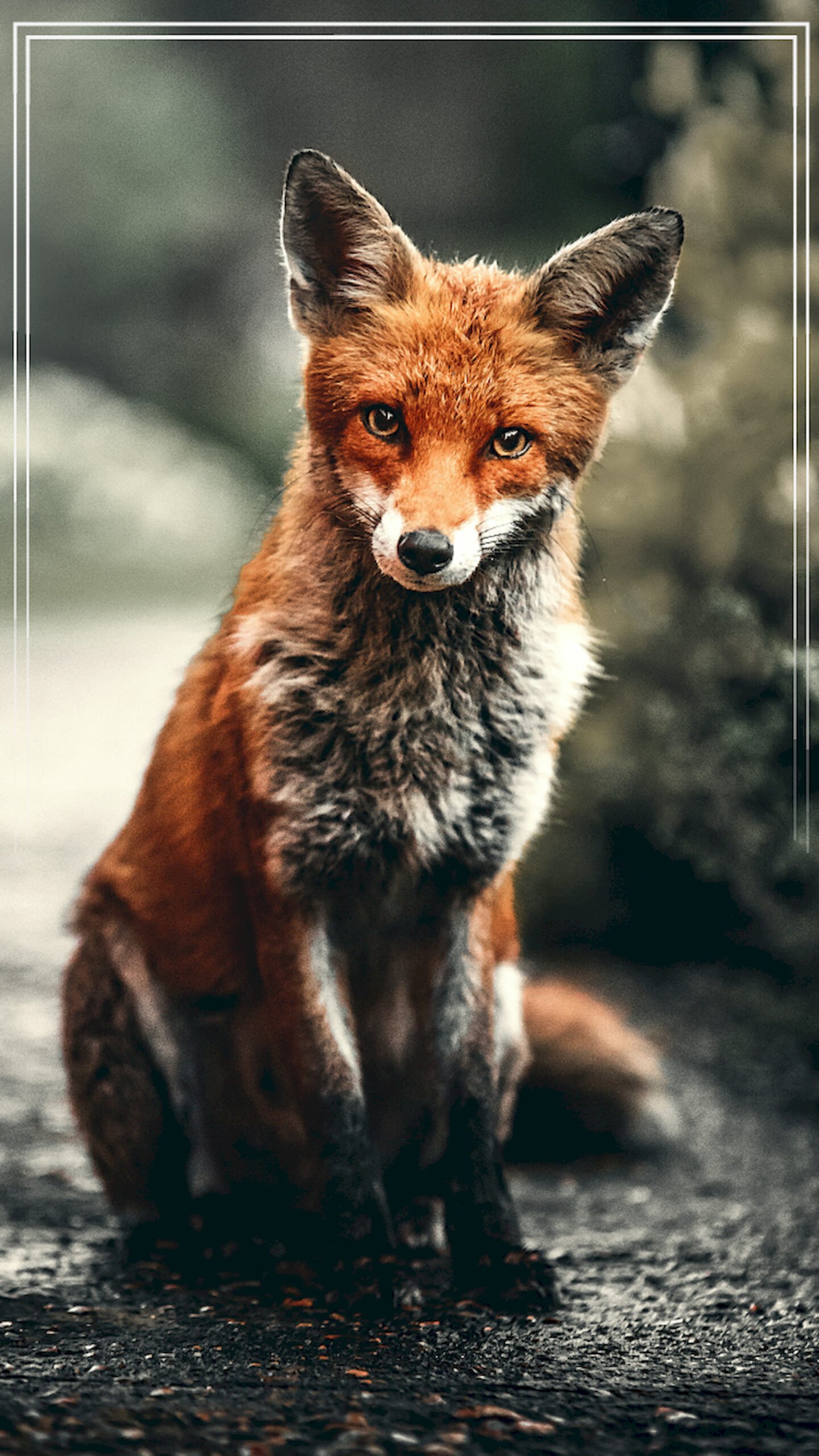 "Red fox sitting on the ground looking directly at the camera, featuring detailed orange fur and a blurred green background with a thin white geometric border."