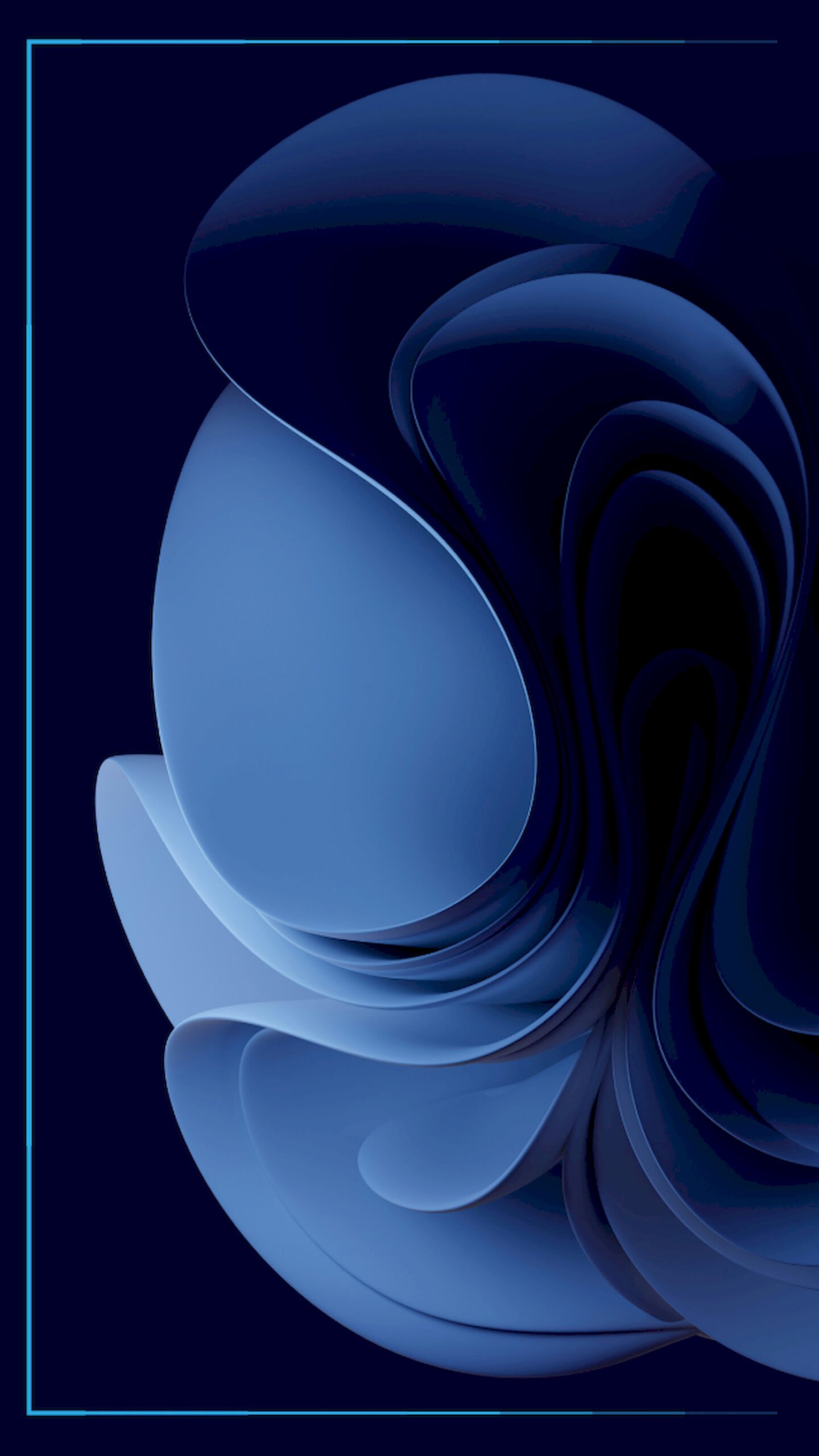 Abstract 3D wallpaper featuring smooth, layered flowing shapes resembling a flower or folded fabric in deep royal blue tones against a dark background.
