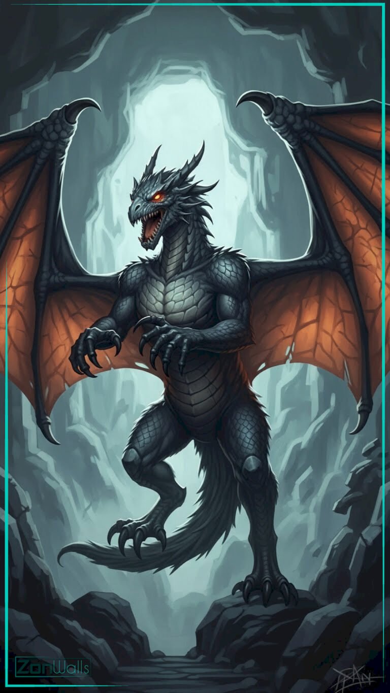 A vertical dark fantasy dragon wallpaper featuring a menacing black dragon with large orange wings standing on a rock inside a misty blue cave.