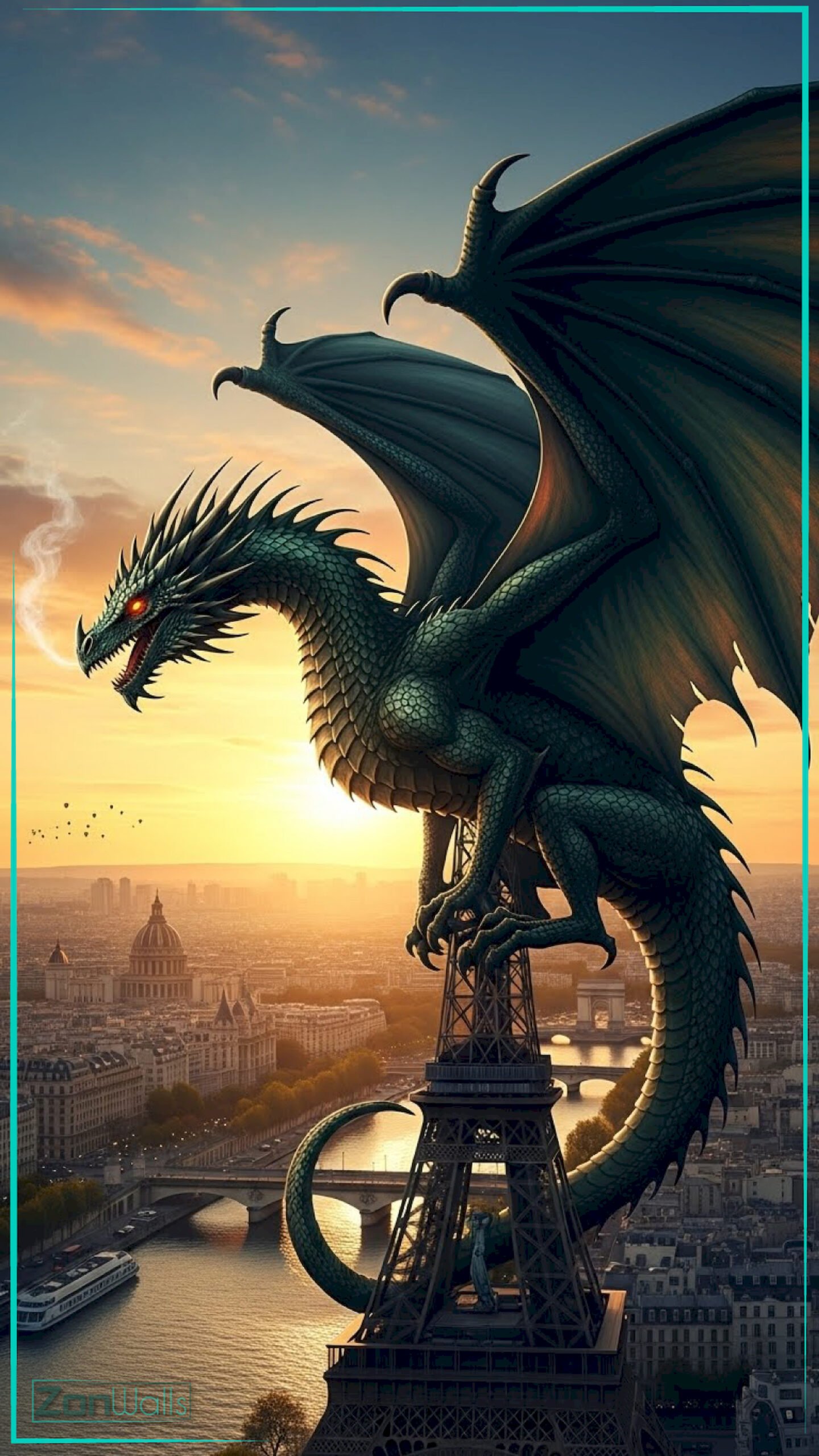 A vertical dragon on Eiffel Tower wallpaper featuring a massive green dragon perched on top of the Eiffel Tower overlooking the city of Paris at sunset.
