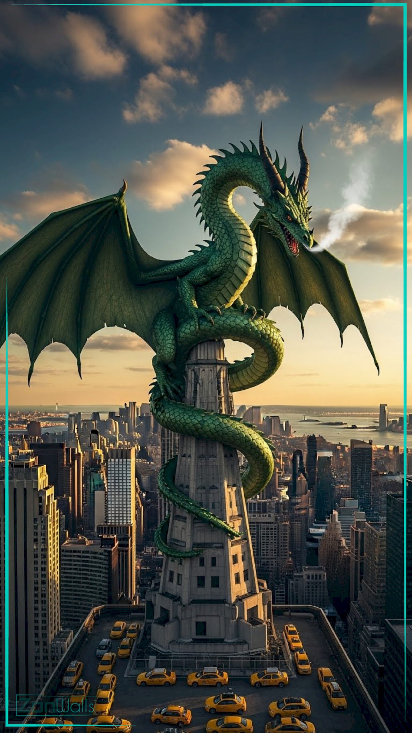 A vertical dragon on skyscraper wallpaper featuring a massive green dragon coiled around a tall building overlooking a busy city street filled with yellow taxis at sunset.