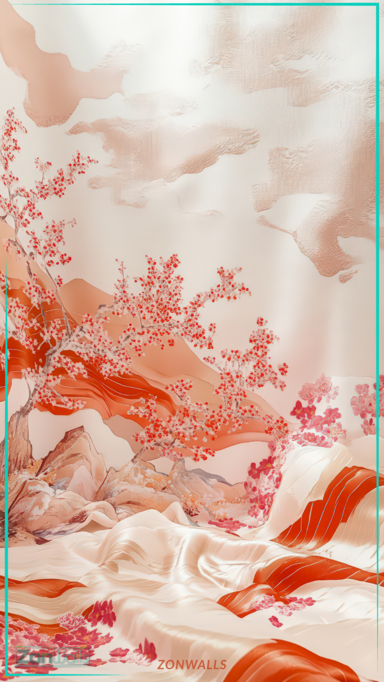 Vertical abstract artistic wallpaper featuring vibrant red cherry blossom trees set against a landscape of flowing white and peach silk textures resembling mountains and clouds.