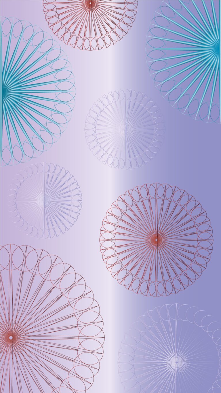 A 4K abstract phone wallpaper featuring delicate circular geometric designs in blue, red, and lavender tones arranged over a smooth purple gradient background for a clean and modern aesthetic.