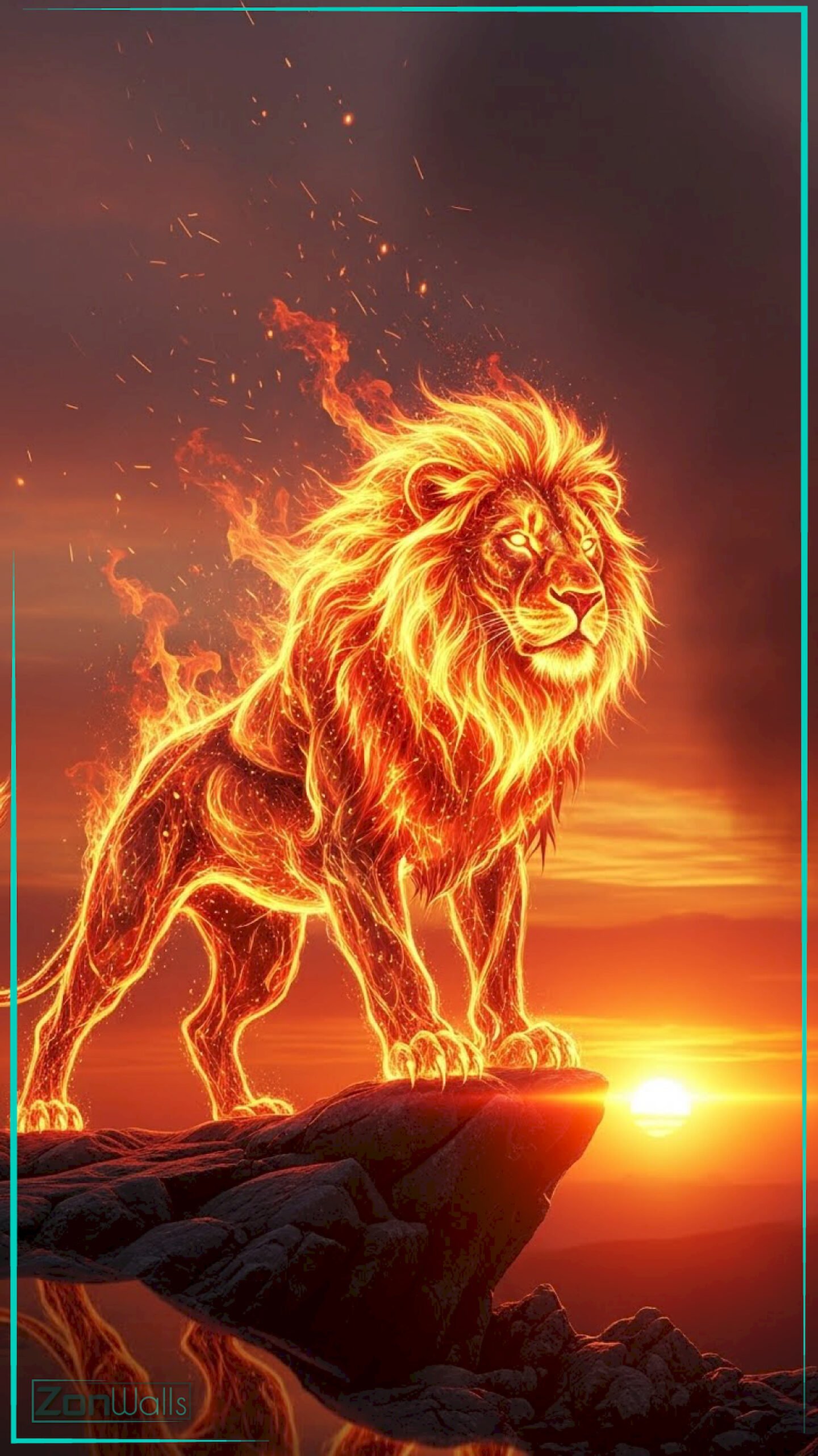 A vertical elemental fire lion wallpaper featuring a majestic lion composed of bright orange and yellow flames standing on a dark rock against a fiery sunset background.