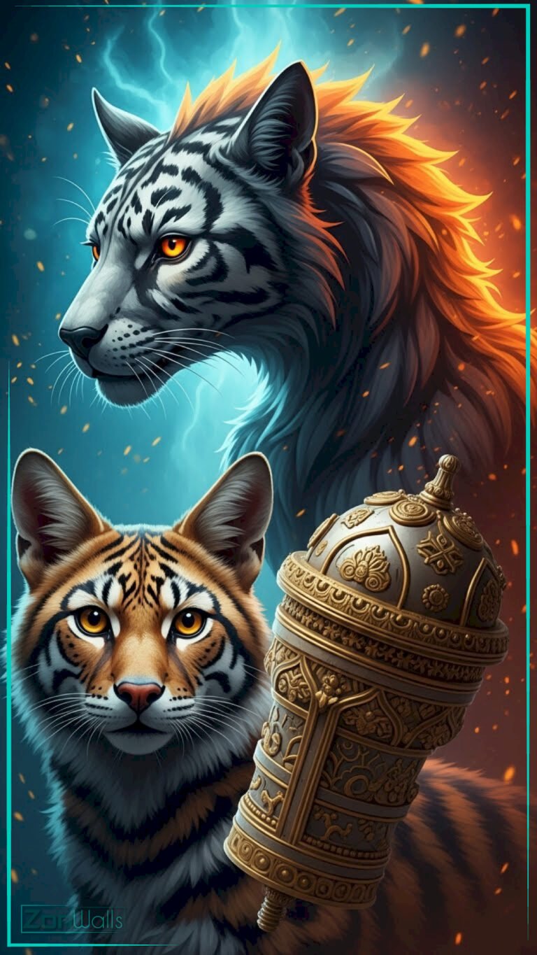 A vertical elemental fire and ice tiger wallpaper featuring a fierce white tiger with blue lightning above a calm orange tiger next to an ornate golden relic.