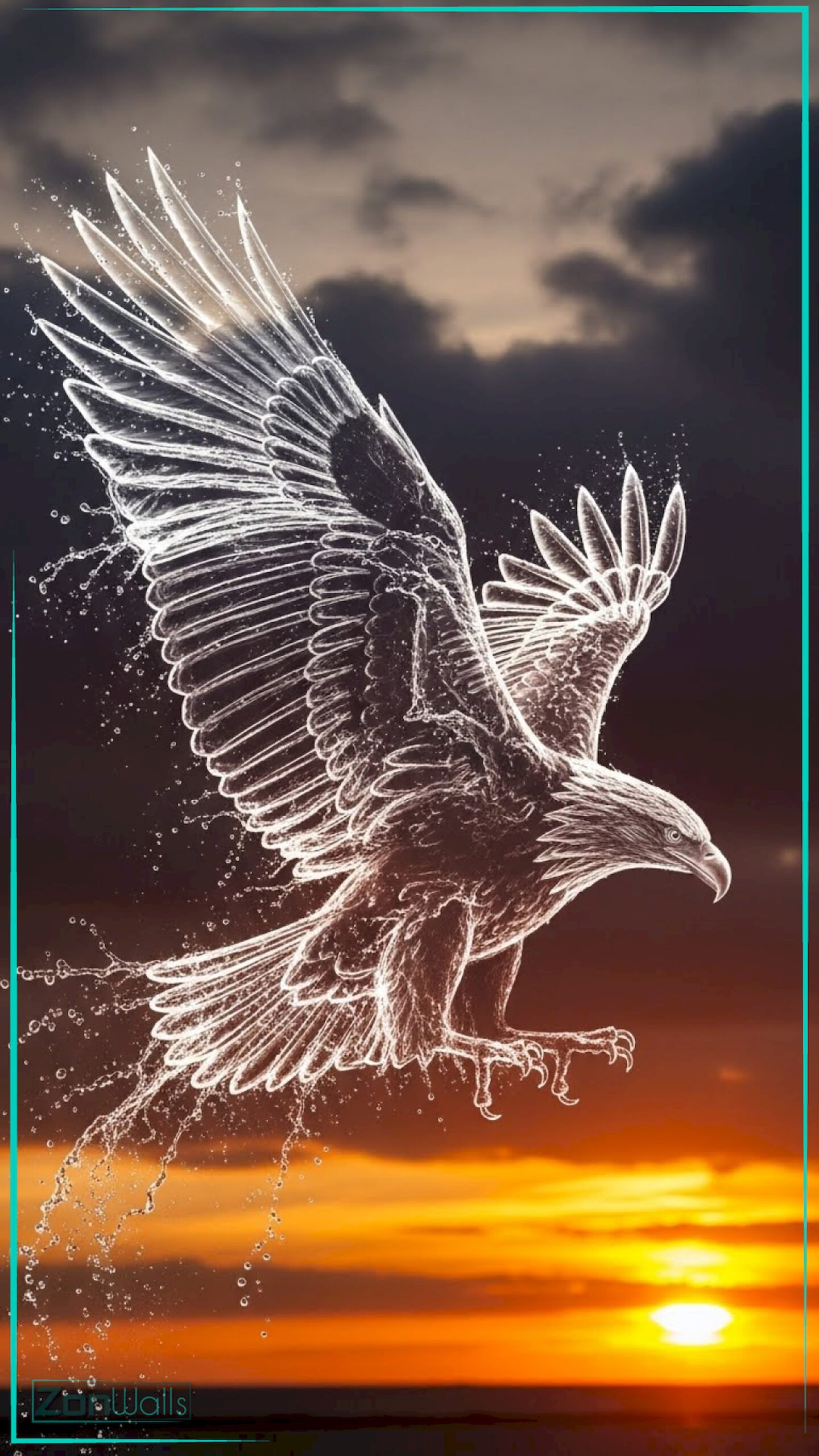 A vertical elemental water eagle wallpaper featuring a translucent bird of prey made entirely of splashing liquid water flying against a dramatic orange sunset background.