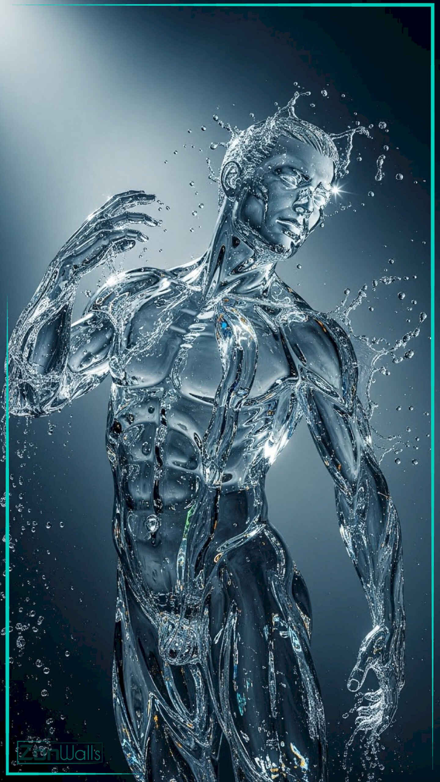 A vertical elemental water man wallpaper featuring a translucent muscular male figure made entirely of splashing liquid water against a dark blue gradient background.