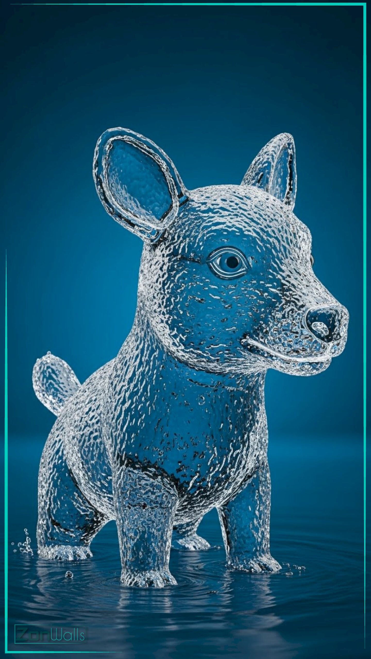 A vertical elemental water puppy wallpaper featuring a cute dog figure made entirely of translucent splashing liquid water standing on a rippled blue surface.