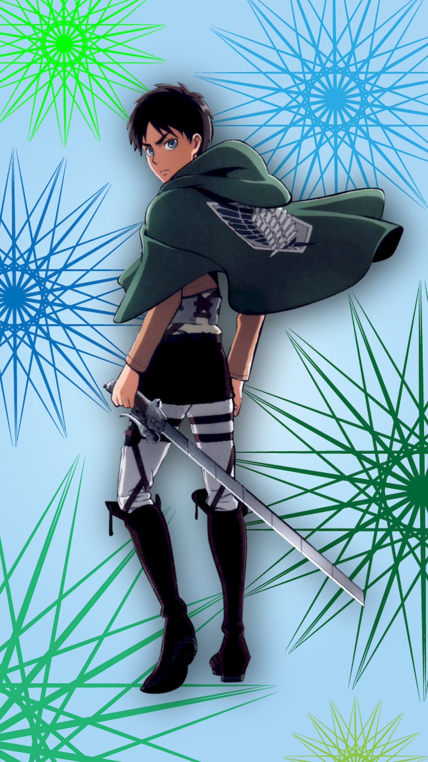 "Anime character Eren Yeager from Attack on Titan standing with his back turned, looking over his shoulder holding a sword, wearing the green Survey Corps cape against a blue background with geometric patterns."