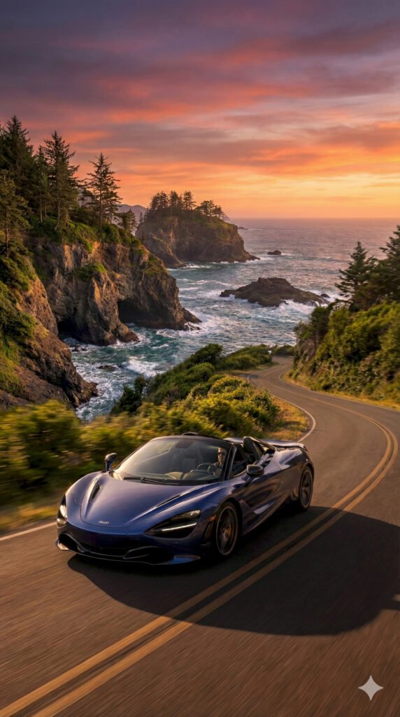 "Blue McLaren convertible driving on a winding coastal road above rocky cliffs at sunset mobile wallpaper."