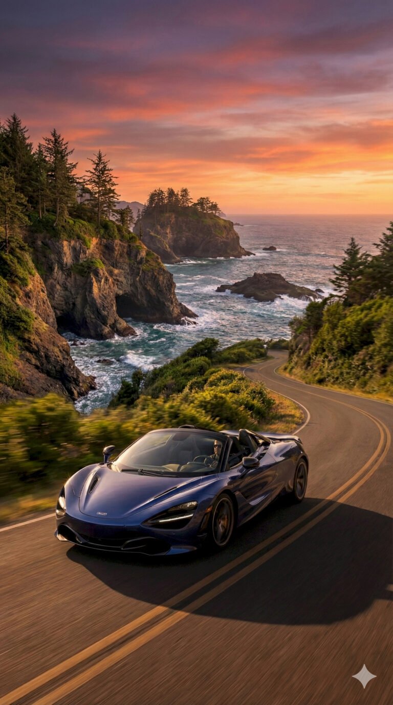 "Blue McLaren convertible driving on a winding coastal road above rocky cliffs at sunset mobile wallpaper."