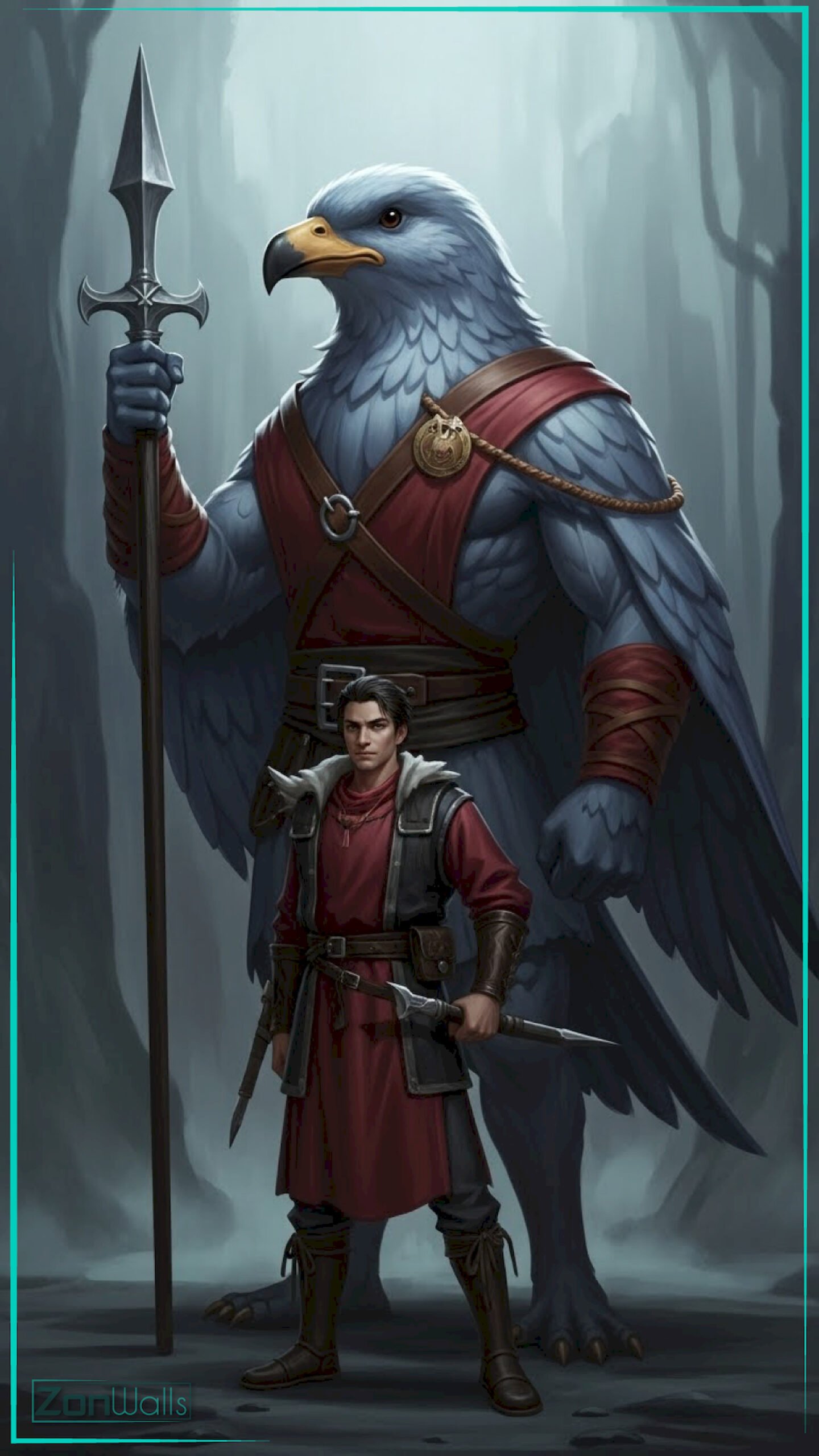 A vertical fantasy eagle warrior wallpaper featuring a giant anthropomorphic blue eagle holding a spear standing protectively behind a human rogue in a misty forest.