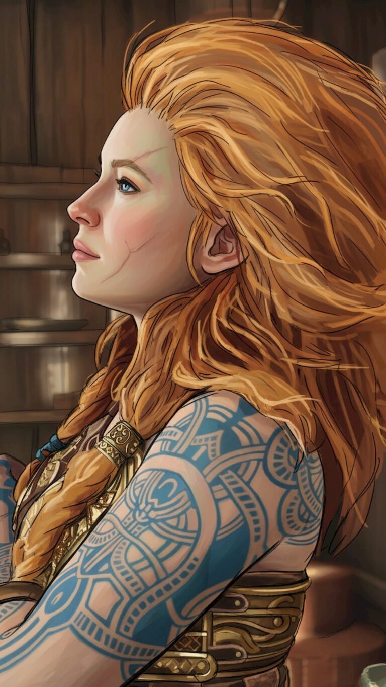 Profile portrait of a red-haired female warrior wearing leather armor with intricate blue tribal tattoos on her arm.