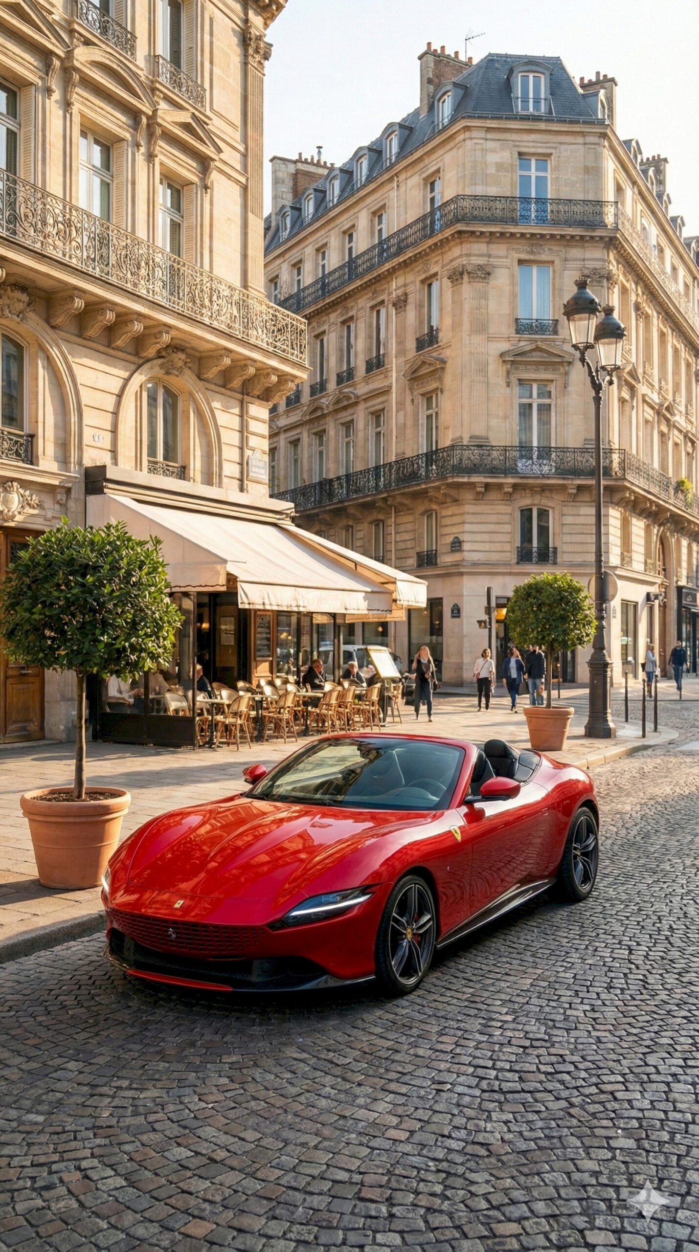 "Red Ferrari Portofino convertible parked on a cobblestone street in Paris with classic buildings and cafe."
