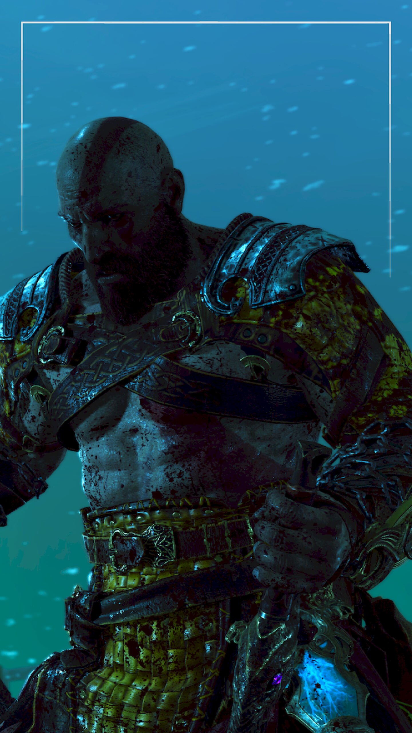 Close-up of Kratos from God of War standing in a blue misty environment, wearing detailed golden battle armor and chains wrapped around his arms.