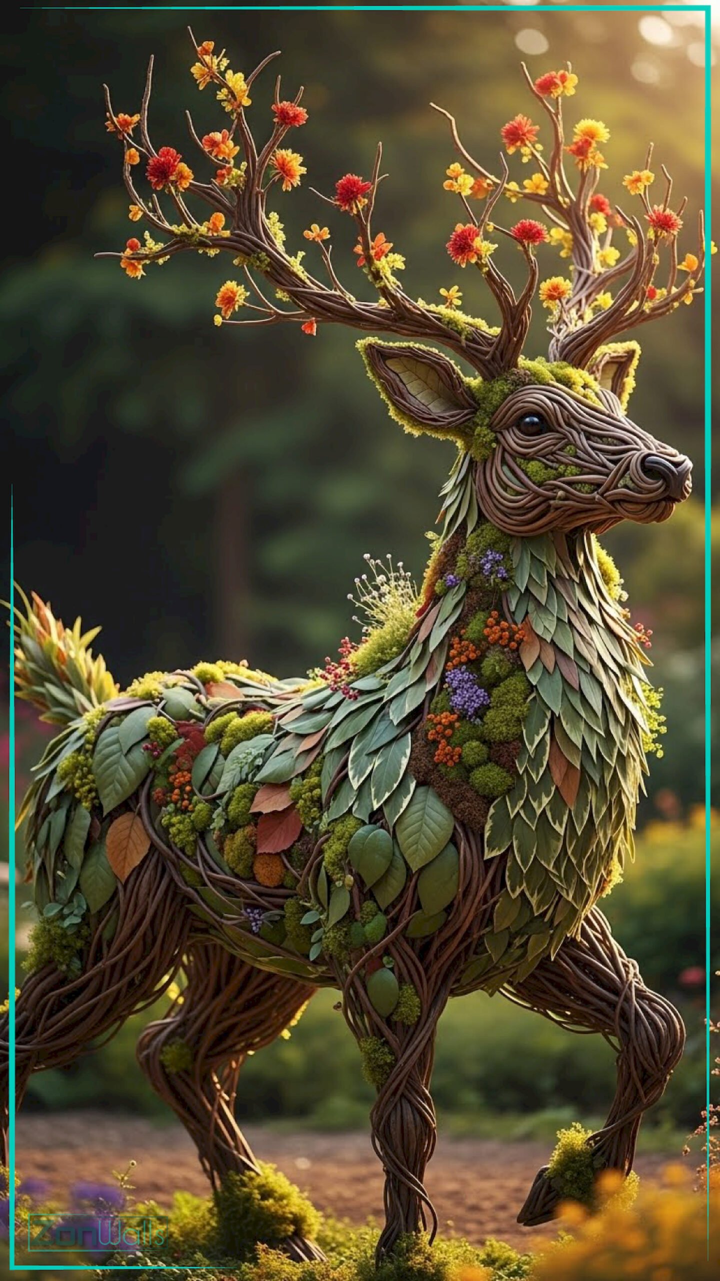 A vertical floral nature deer wallpaper featuring a fantasy stag composed of woven tree branches, green moss, and blooming orange flowers standing in a sunlit forest.