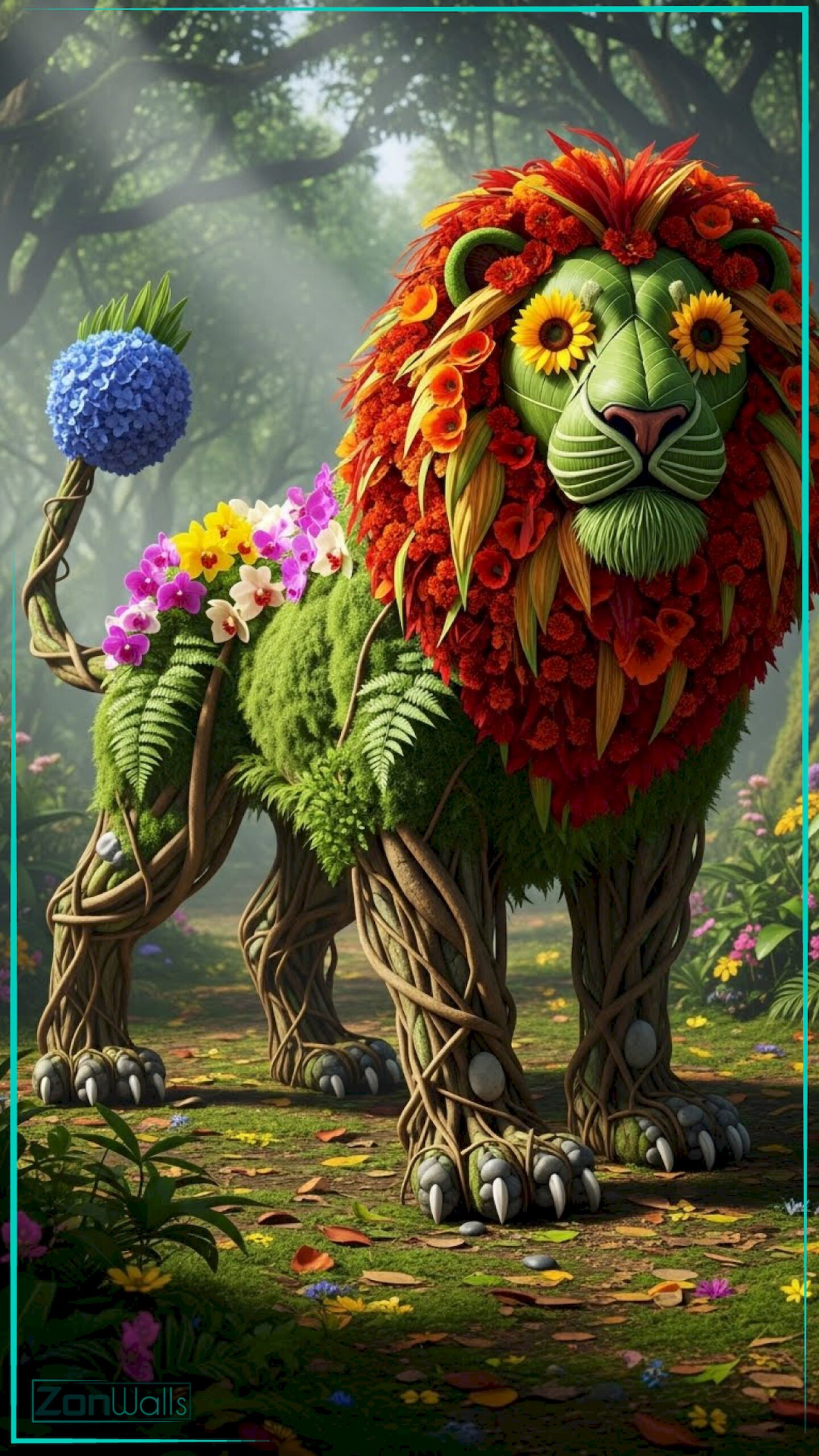 A vertical floral nature lion wallpaper featuring a surreal lion composed of green leaves, vines, and vibrant red and yellow flowers standing in a sunlit forest.