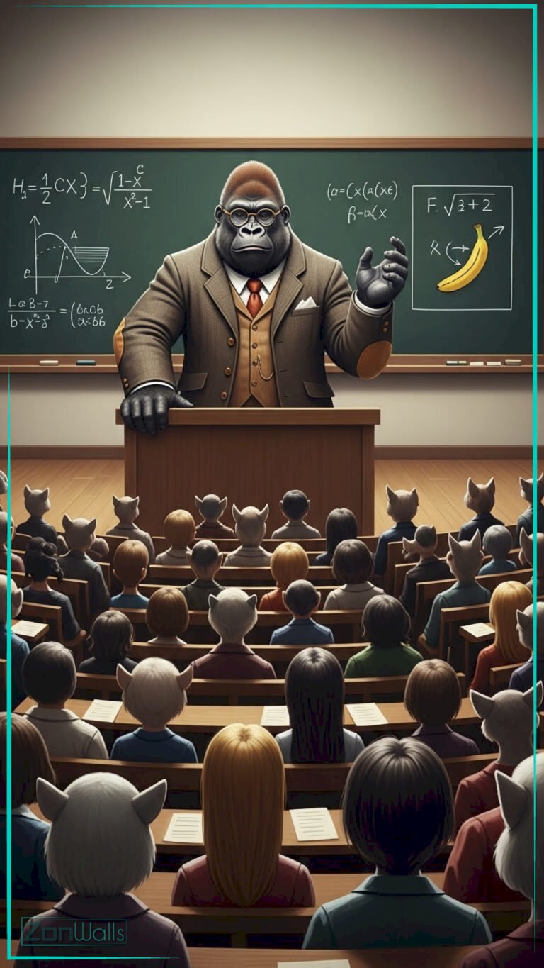 A vertical funny gorilla teacher wallpaper featuring a smart gorilla wearing a suit and glasses lecturing a class of students in front of a green chalkboard with math formulas.