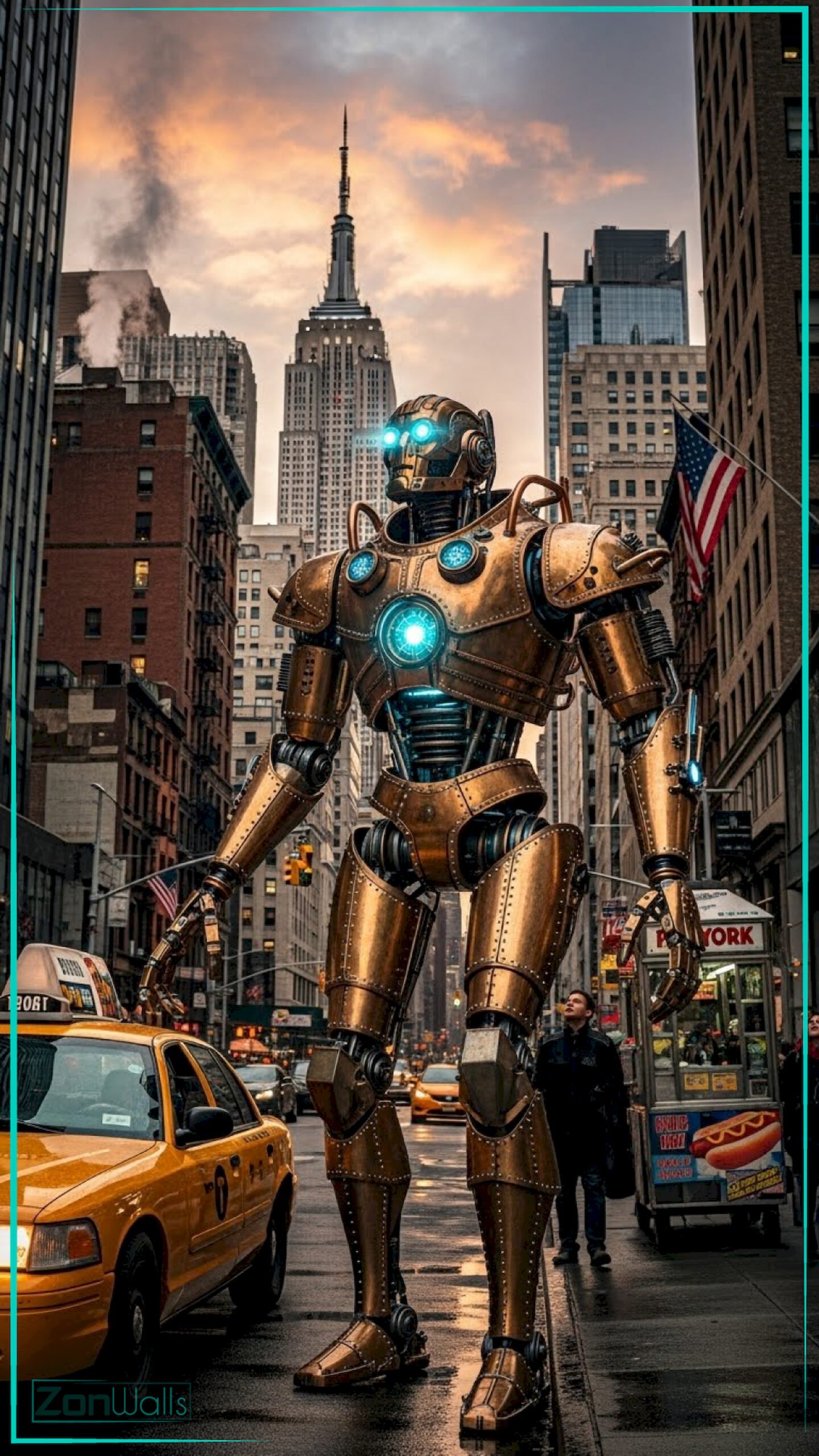A vertical giant steampunk robot NYC wallpaper featuring a massive bronze android with a glowing blue chest walking on a rainy street in New York City next to a yellow taxi.