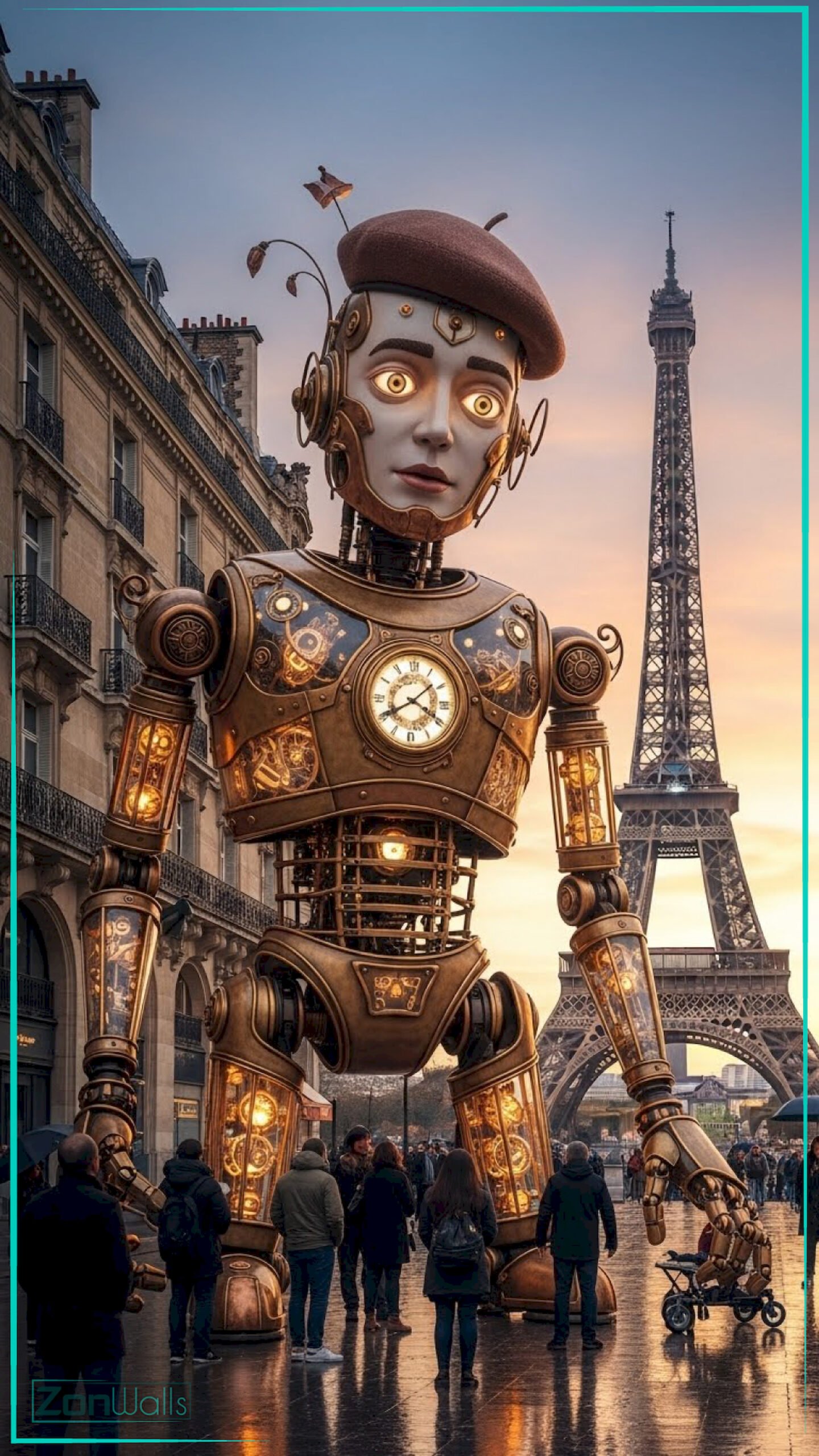 A vertical giant steampunk robot Paris wallpaper featuring a massive clockwork automaton wearing a beret standing in a rainy public square in front of the Eiffel Tower.