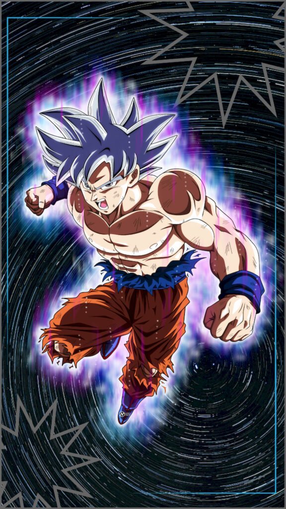 "Anime character Son Goku from Dragon Ball Super in Mastered Ultra Instinct form with silver hair and purple aura, punching forward against a dark background with star trails."