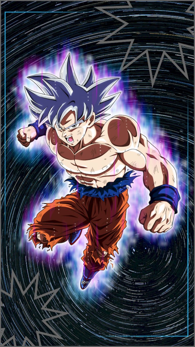 "Anime character Son Goku from Dragon Ball Super in Mastered Ultra Instinct form with silver hair and purple aura, punching forward against a dark background with star trails."