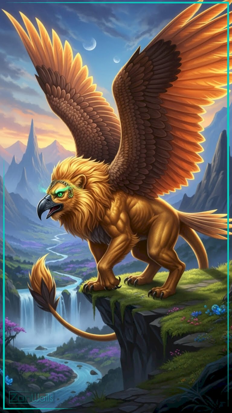 A vertical golden fantasy griffin wallpaper featuring a majestic hybrid creature with eagle wings and a lion body standing on a grassy cliff overlooking waterfalls and mountains.