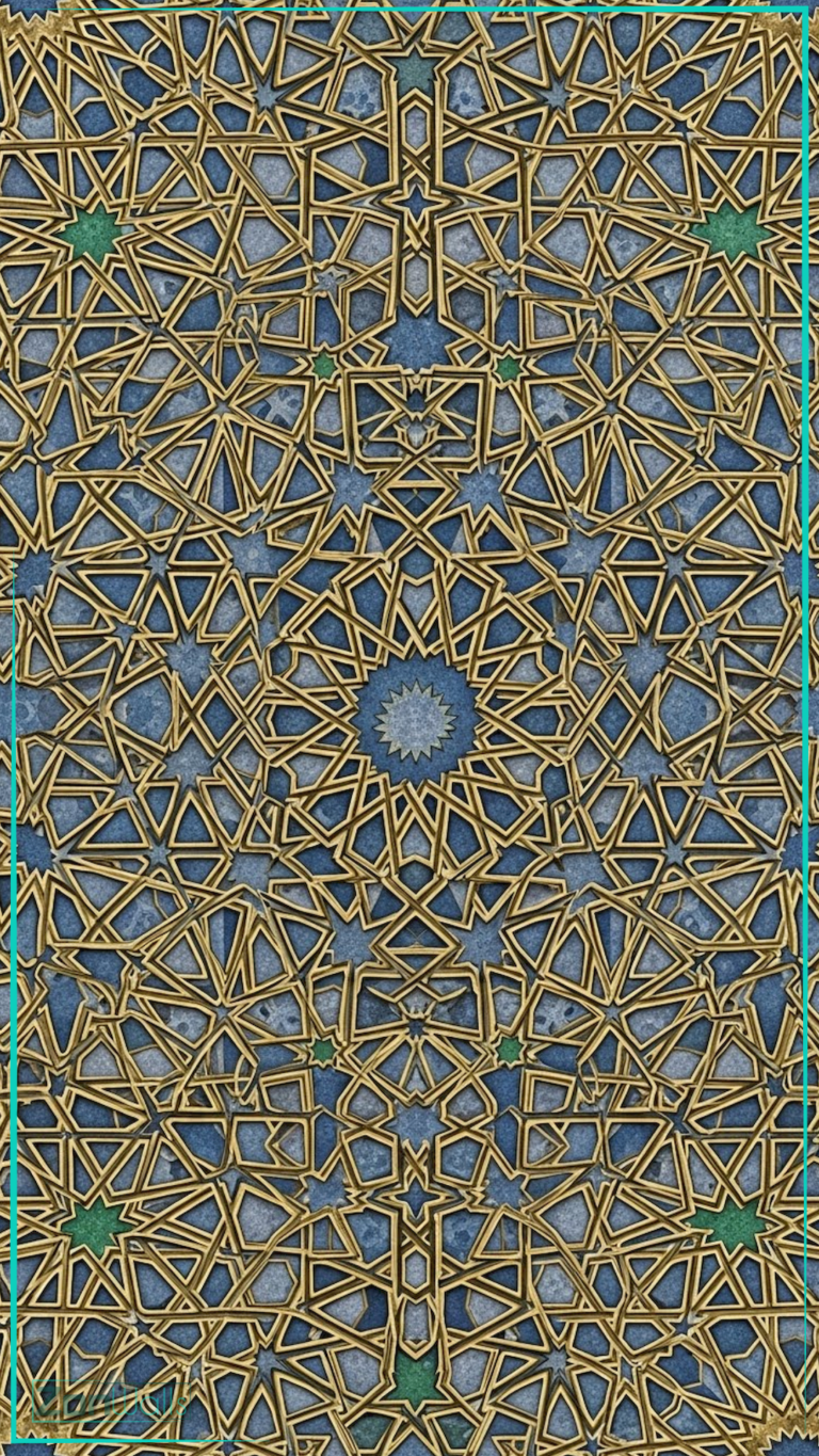 Vertical wallpaper featuring a detailed traditional Islamic geometric pattern with interlocking golden lines forming stars and polygons on a blue and grey textured stone background.