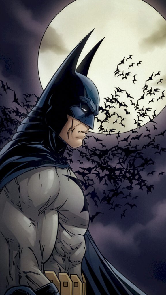 Profile illustration of Batman looking down with a serious expression, standing against a large bright full moon with a flock of bats flying in the background.